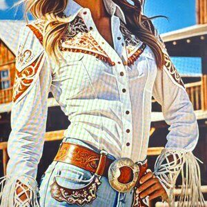 Vintage Western Fringed Button Long Sleeve Blouse